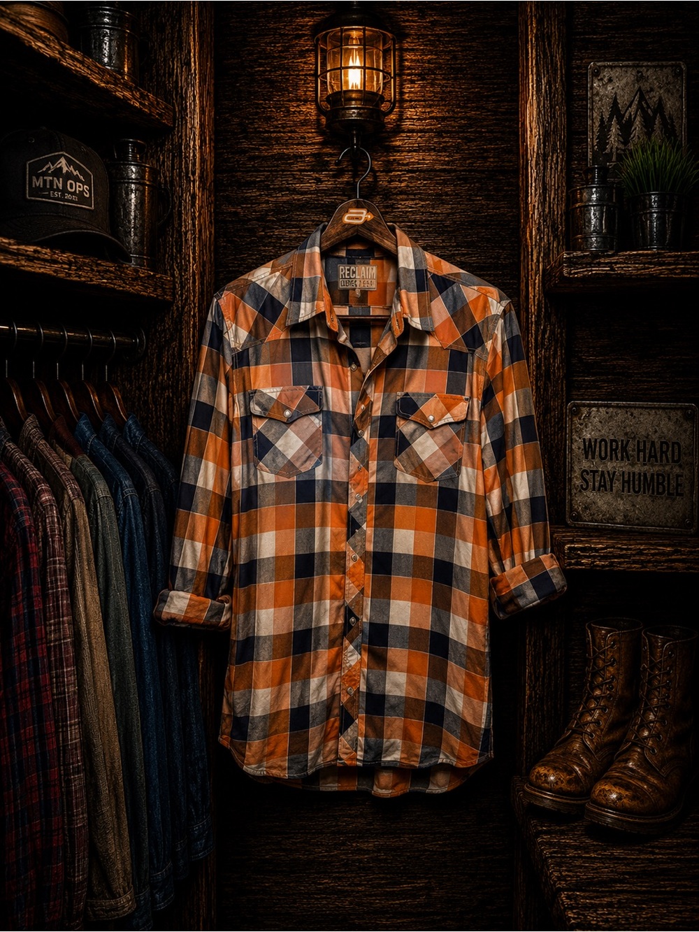 Buckle Reclaim Button Up Long Sleeve Shirt Mens EUC Large Orange and Navy Blue